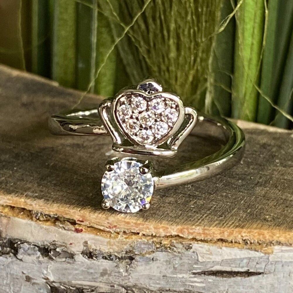 925 Sterling Silver Heart Crown Ring Sz Adjustable​​​